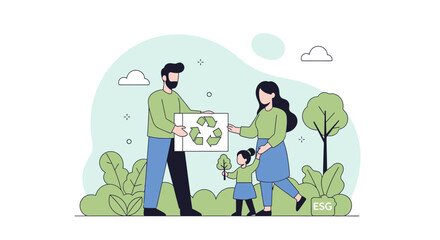 Fototapeta premium Family with recycling symbol box, eco-friendly lifestyle, vector illustration