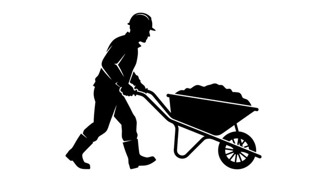 Worker pushing wheelbarrow black silhouette against white background