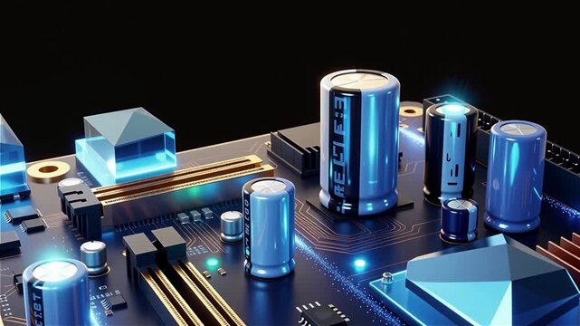Futuristic circuit board with blue glowing pathways and components.