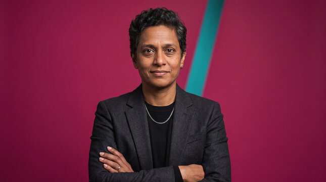 Professional non-binary leader with folded arms in business suit standing confidently against magenta background