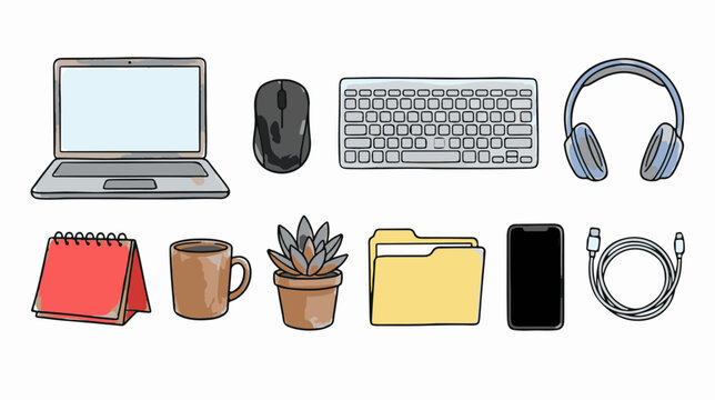 Hand drawn office supplies vector set, workspace technology icons, laptop and desk accessories collection for business design
