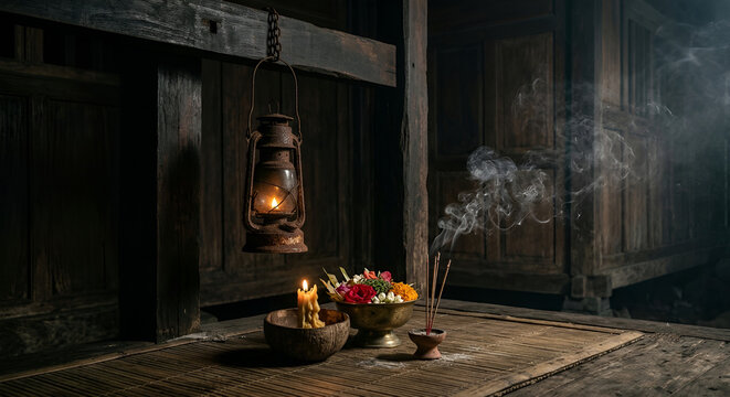 Mystical ritual setup with candle light burning incense and flower offering on bamboo mat