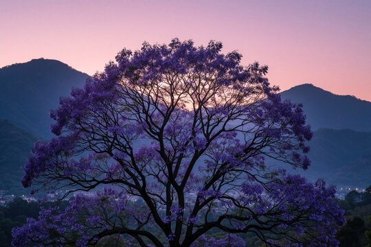 Purple jacaranda tree blooms against soft pink sky at dusk. Hills form backdrop of tranquil natural landscape. Evening light softly illuminates blooming tree.