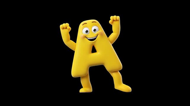 A vibrant yellow 3D animated character of the letter A dances enthusiastically with raised arms against a solid black background. Designed for educational dance videos, achievement animations, and int