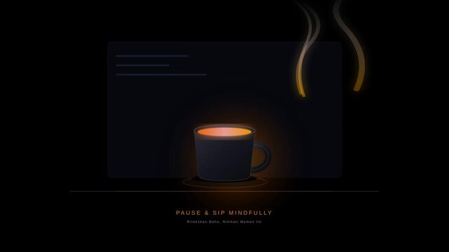 Minimalist Animated Coffee Cup with Rising Steam Effects on a Dark Abstract Background Design