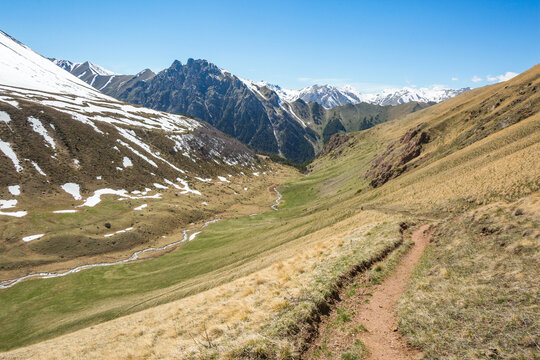 Caucasus Mountains spring landscape. Karachay-Cherkessia, Russia