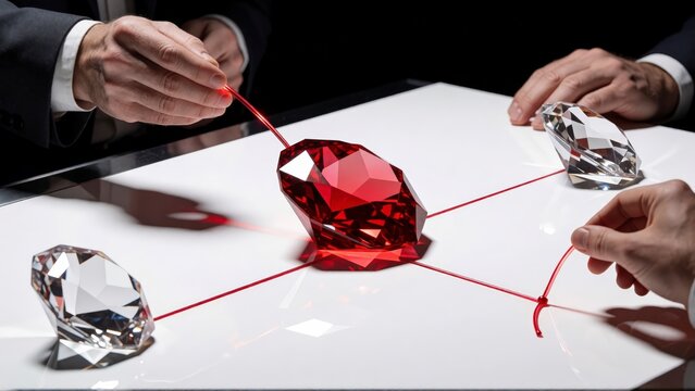 Business professionals analyzing red ruby and diamonds on a white table for investment