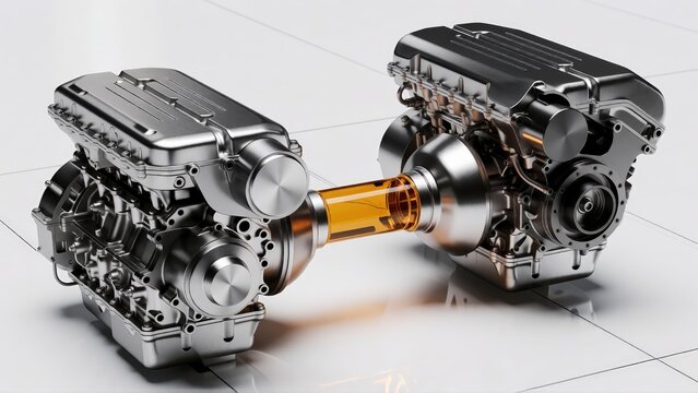 Dual combustion engine system with central transmission unit on white background