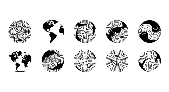 Black and white globe icons set.