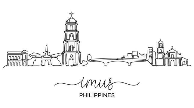 Continuous Line Art Illustration of Imus City Skyline in Philippines Featuring Historic Cathedral Bell Tower and Bridge Minimalist Sketch Style