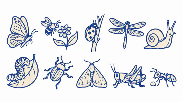 Hand-drawn garden insect vector set, 10 blue line art bug icons, whimsical butterfly and bee illustrations for nature branding