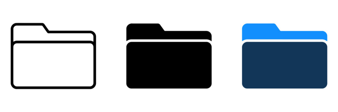 Minimalist folder icon set, digital file storage symbols in outline and solid styles, blue document management vectors