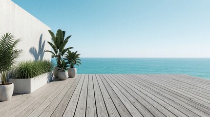 Obraz premium Modern wooden terrace with lush potted plants overlooks calm blue ocean horizon. Bright sunny day with clear sky, perfect for outdoor relaxation and luxurious seaside living.