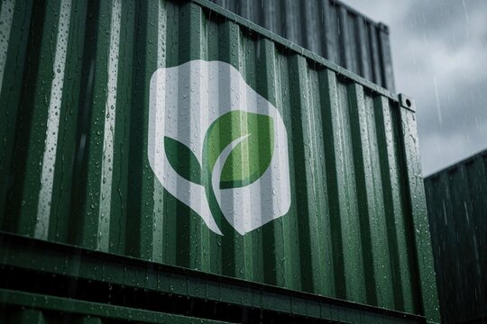 Green shipping container marked with nature logo outdoors during rainfall. Water droplets cover metal surface. Dark sky, moody atmosphere, focus on logistics and eco transport.