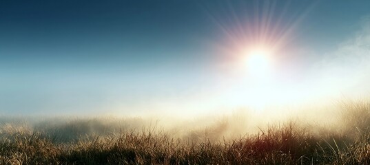 Obraz premium Panoramic view of a spring field with gentle sunlight and morning haze in an airy minimalist style.