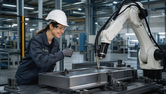 Female engineer robot industrial automation factory worker human labor robotic arm metal manufacturing safety helmet thumbs up gesture smart
