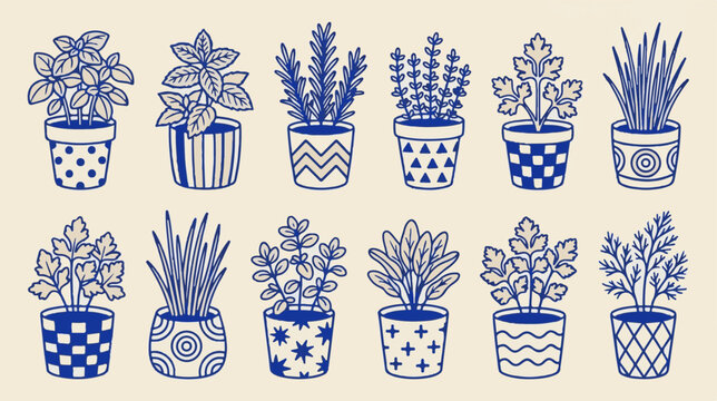 Vintage blue line art herb garden collection. 12 potted culinary herbs and botanical plants. Hand drawn organic kitchen greenery vector set.