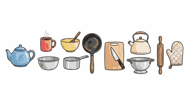 Hand-drawn kitchen utensils set, 11 rustic cooking tools and cookware icons, cozy culinary equipment vector illustrations for food blogs
