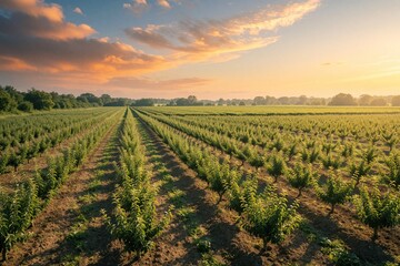 Obraz premium Young fruit trees grow in neat rows on a farm field. Golden sunrise illuminates the agricultural landscape with clouds and light sky. Green plants await harvest.