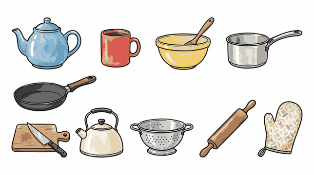 Hand-drawn kitchenware vector set, 10 rustic cooking utensils and baking tools, vintage culinary equipment icons for cafe menus