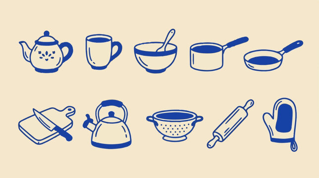 Minimalist kitchen icon set, 10 blue line art cooking utensils, vintage style culinary equipment vector collection for menu design
