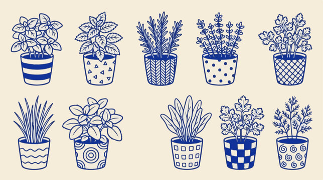 Hand-drawn herb garden vector set, 10 potted culinary herbs in blue ink style, vintage botanical line art for kitchen decor