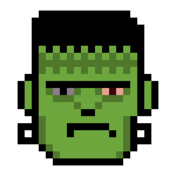 Spooky green monster frankenstein face pixelated icon vector for Halloween theme