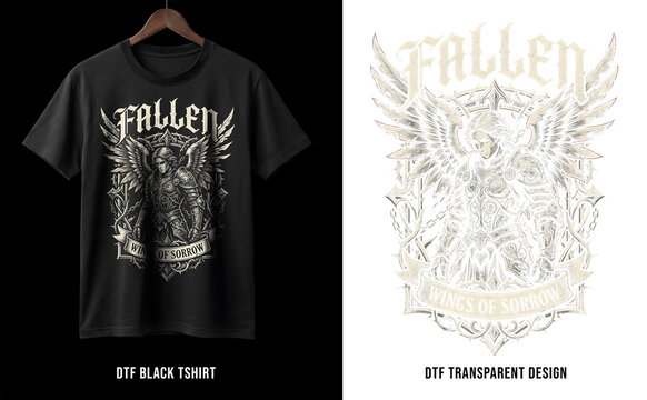 Fallen Angel Gothic T-Shirt Design Mockup with Wings of Sorrow Artwork on Black Shirt
