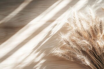 Obraz premium Minimal Harvest Bouquet composition with Dried Wheat Ears on a Natural Wooden Planking Floor Surface