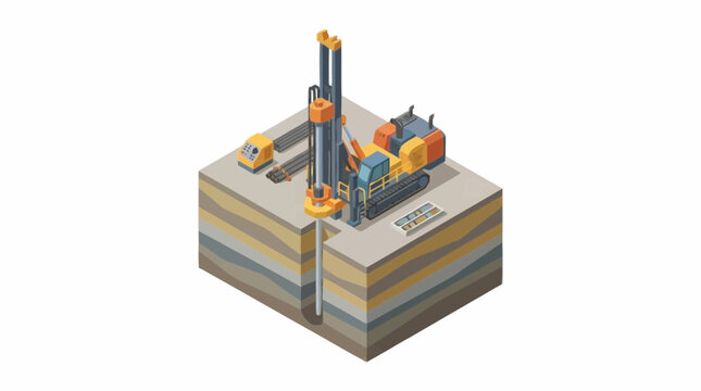 Isometric illustration of oil drilling rig at work.
