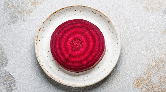 Close up of single vibrant pink beetroot slice on rustic plate. Root vegetable displays concentric rings texture. Fresh whole food ingredient for healthy cooking preparation.