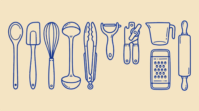 Minimalist kitchen utensil icons, blue line art cooking tools set, modern culinary equipment vector for recipe blogs and menus