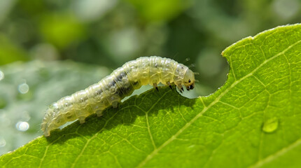 Fototapeta premium Macro shot of a translucent green caterpillar eating a fresh leaf in sunny garden
