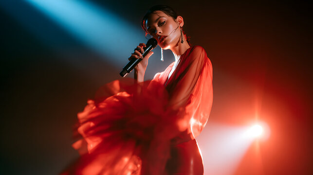 Singer on Stage: A passionate female singer in a flowing red dress holds a microphone, captivating the audience with her powerful performance under dramatic stage lighting.