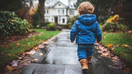 Fototapeta premium Young Boy Walking Down Wet Path Towards Large House in Autumn Scene