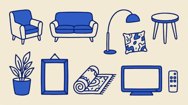 Minimalist living room furniture icons, blue hand-drawn home interior vector set, modern apartment decor illustrations