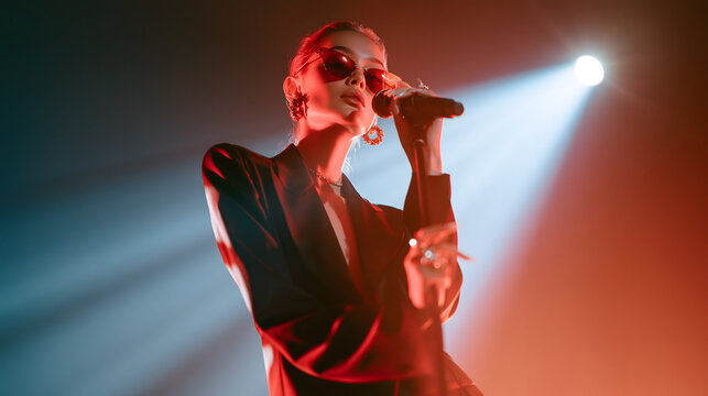 Star Performer: A confident female singer, adorned with stylish sunglasses and jewelry, captivates the audience with her powerful vocals under a dramatic spotlight.