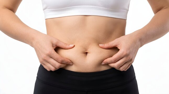 Woman pinching belly fat for weight loss concept.