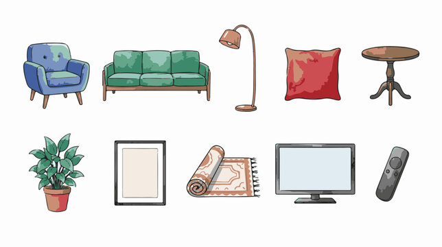 Modern living room furniture set, 10 interior design vector icons, cozy home decor elements with sofa and armchair