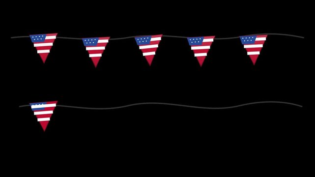 American flag bunting animation hanging gracefully on festive string against dark background motion video clip