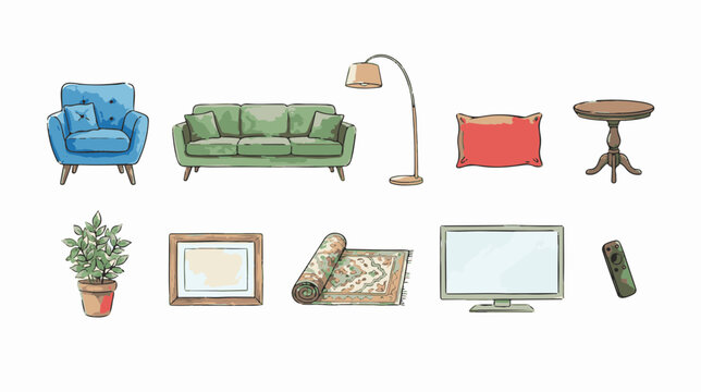 Hand-drawn living room furniture set, 10 watercolor home interior icons. Modern sofa and armchair vector collection for interior design.