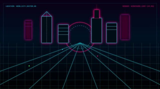 Neon City Grid Animation Featuring Stylized Glowing Buildings and Futuristic Cyberpunk Perspective