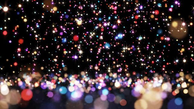 animated multicolor sparkling lights and glowing bokeh particles on black background
