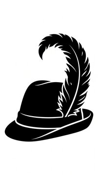 Vintage fedora hat silhouette with feather, retro gangster logo, black and white old school emblem, western cowboy icon vector art