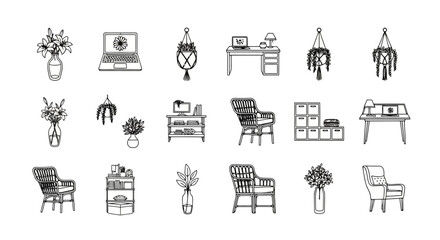Fototapeta premium A collection of hand-drawn black and white illustrations of home decor items, including furniture, plants, and office supplies.