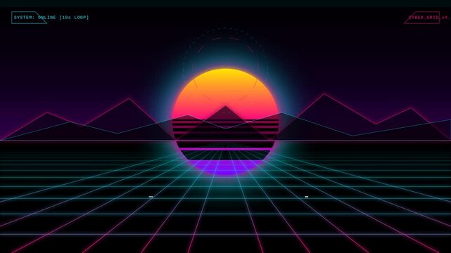 Retro Synthwave Landscape with Glowing Sun and Digital Grid Background for Music Video Production