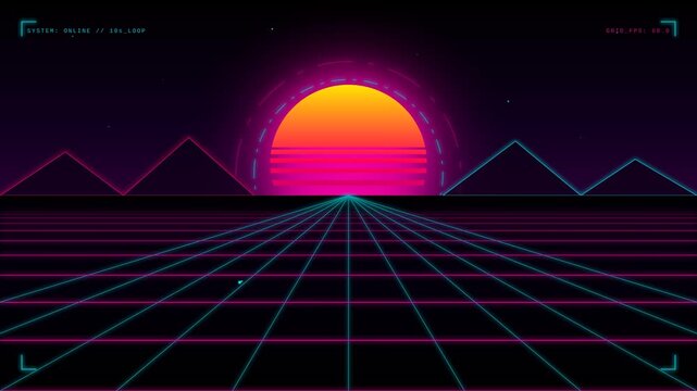 Retro Synthwave Landscape with Glowing Sun and Grid Horizon Motion Graphic Animation Background