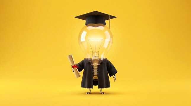Graduation Light Bulb Character Holding Diploma, Symbolizing Education and Ideas
