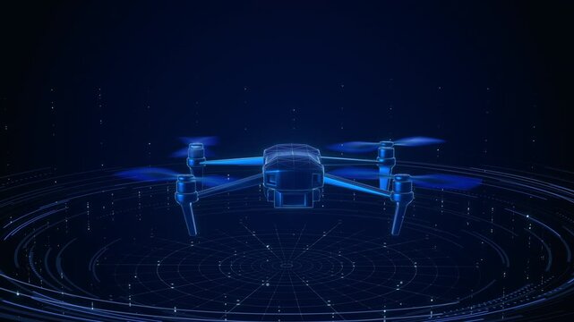 Holographic quadcopter drone hovering on a virtual turntable, featuring wireframe details and a radar grid for a futuristic technology presentation backdrop.

