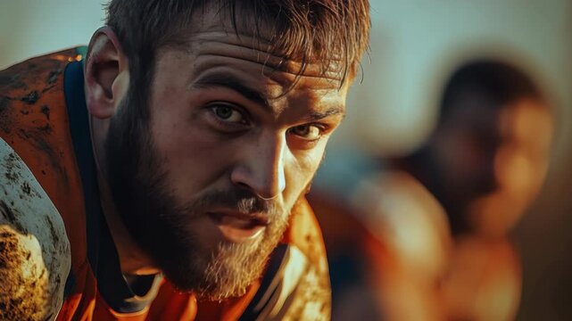 A rugged athlete in the midst of a competitive sports match, showcasing dedication and intensity.